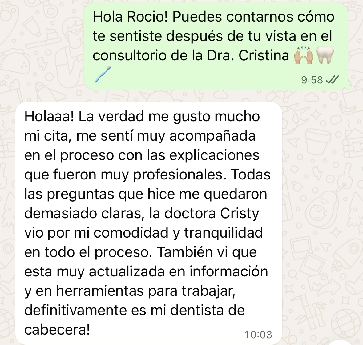 Testimonio de paciente por WhatsApp